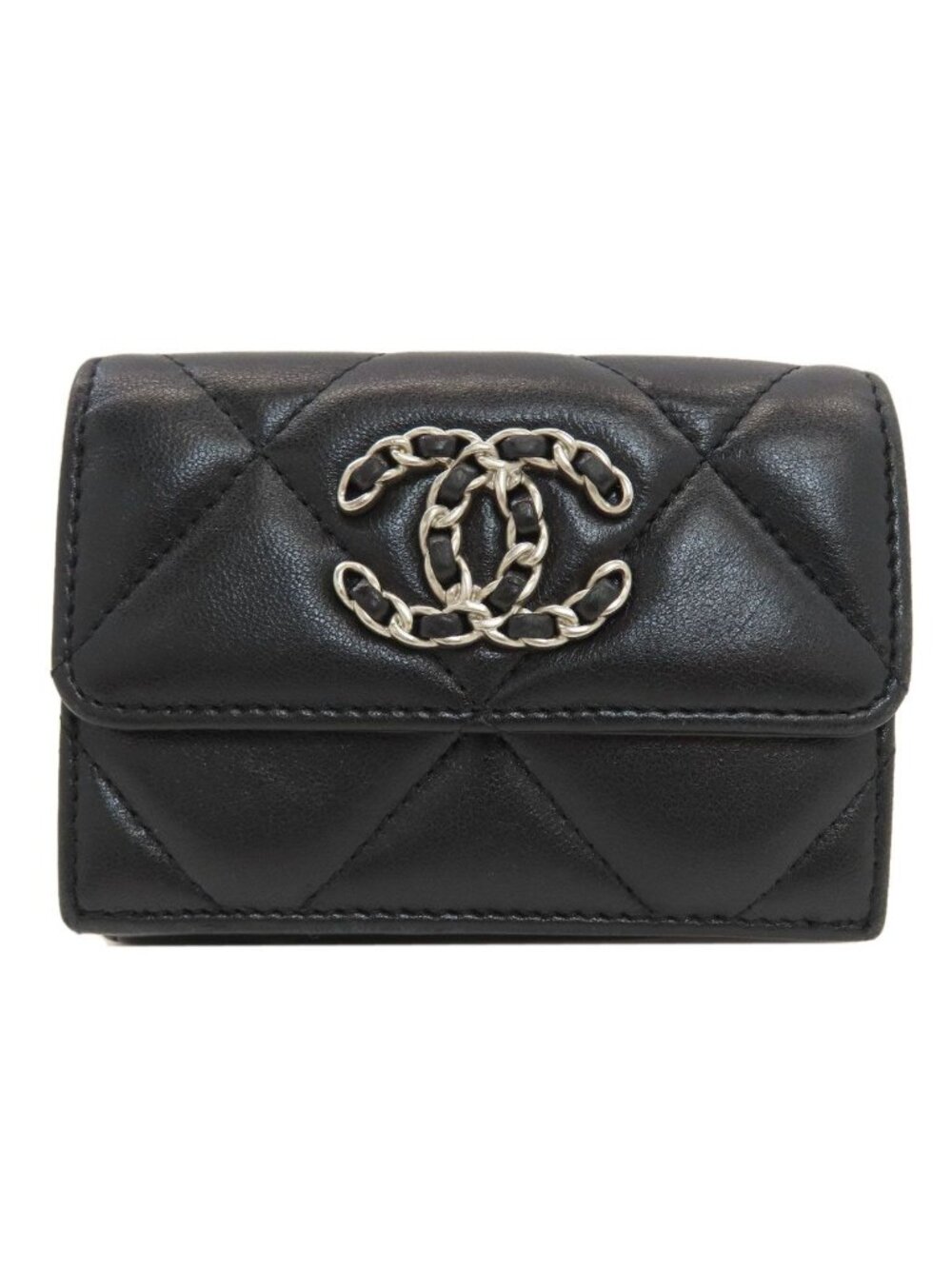 Chanel 19 Small Flap Quilted Silver Trifold Wallet with Coin Purse Lambskin